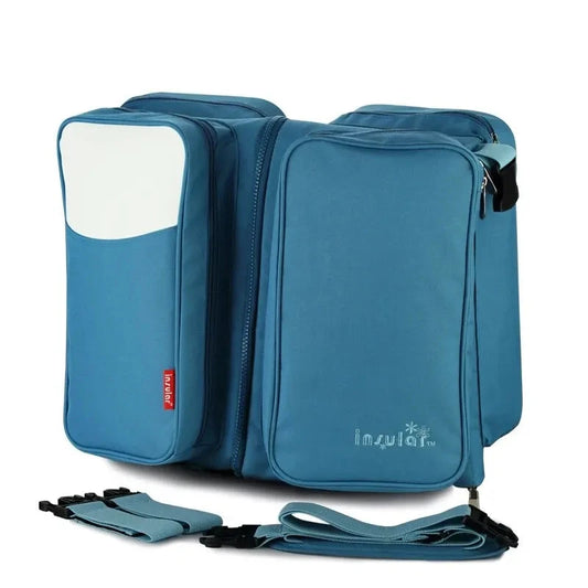 2‑in‑1 messenger diaper bag open as foldable baby bed showing mattress and storage – travel essential UK - colour blue