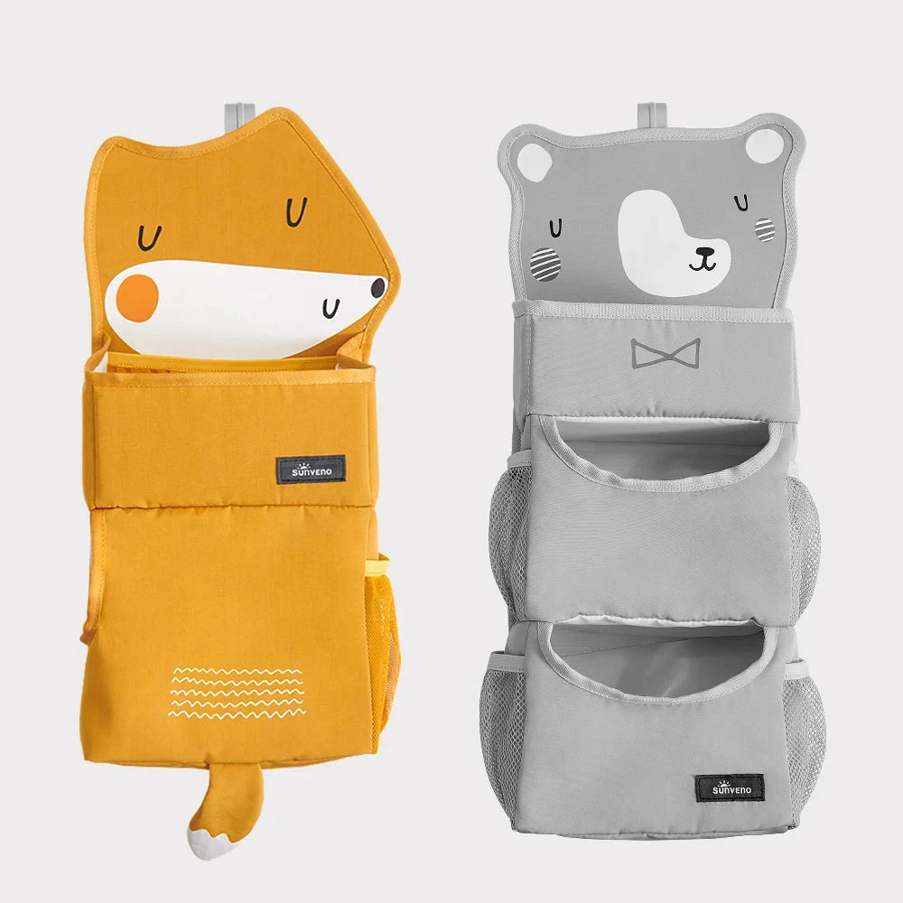 Sunveno cartoon crib hanging organiser in bear print with three compartments for diapers, wipes and toys – nursery storage UK - orange fox, grey bear