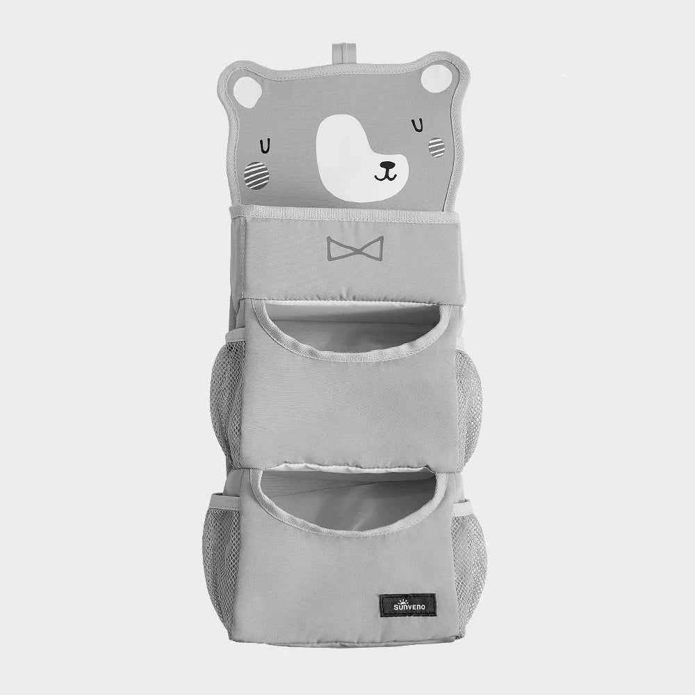 Sunveno cartoon crib hanging organiser in bear print with three compartments for diapers, wipes and toys – nursery storage UK - grey bear
