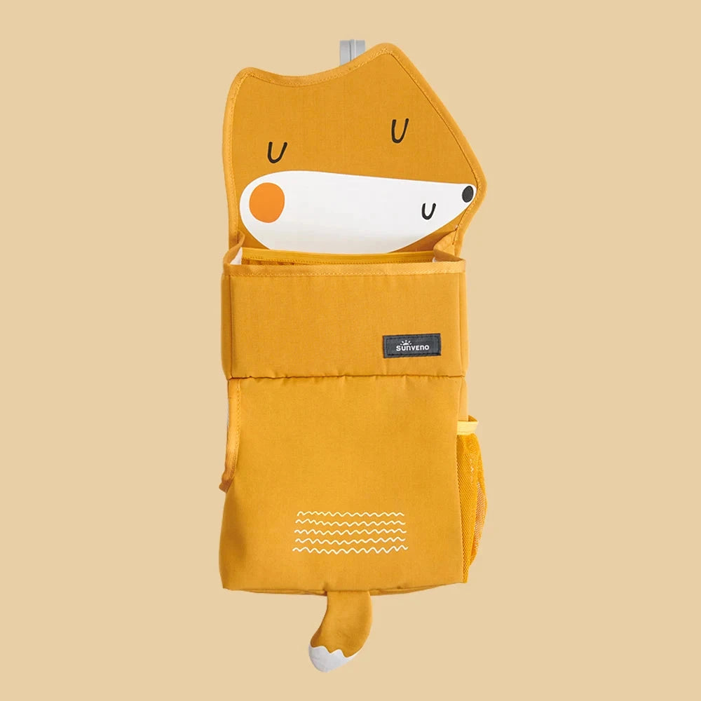 Sunveno cartoon crib hanging organiser in bear print with three compartments for diapers, wipes and toys – nursery storage UK - orange fox