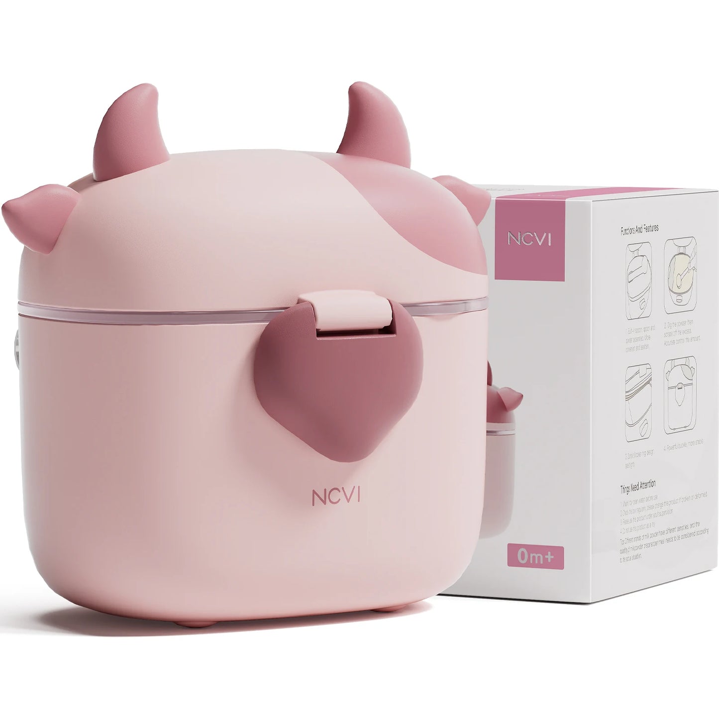 NCVI portable baby formula dispenser with scoop and leveller, cow‑shape, airtight seal – UK travel feeding solution - colour pink