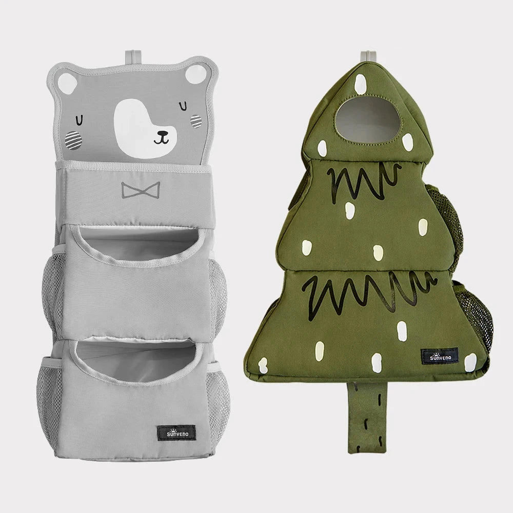 Sunveno cartoon crib hanging organiser in bear print with three compartments for diapers, wipes and toys – nursery storage UK = grey bear, green xmas tree