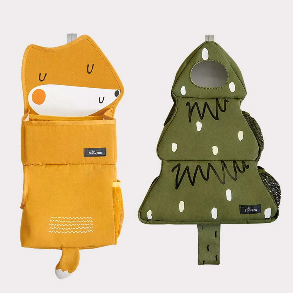 Sunveno cartoon crib hanging organiser in bear print with three compartments for diapers, wipes and toys – nursery storage UK - orange fox, green xmas tree