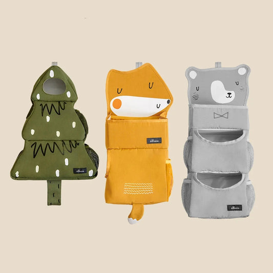 Sunveno cartoon crib hanging organiser in bear print with three compartments for diapers, wipes and toys – nursery storage UK - xmas tree, orange fox, grey bear