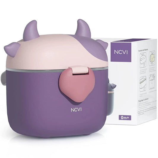NCVI portable baby formula dispenser with scoop and leveller, cow‑shape, airtight seal – UK travel feeding solution - colour purple