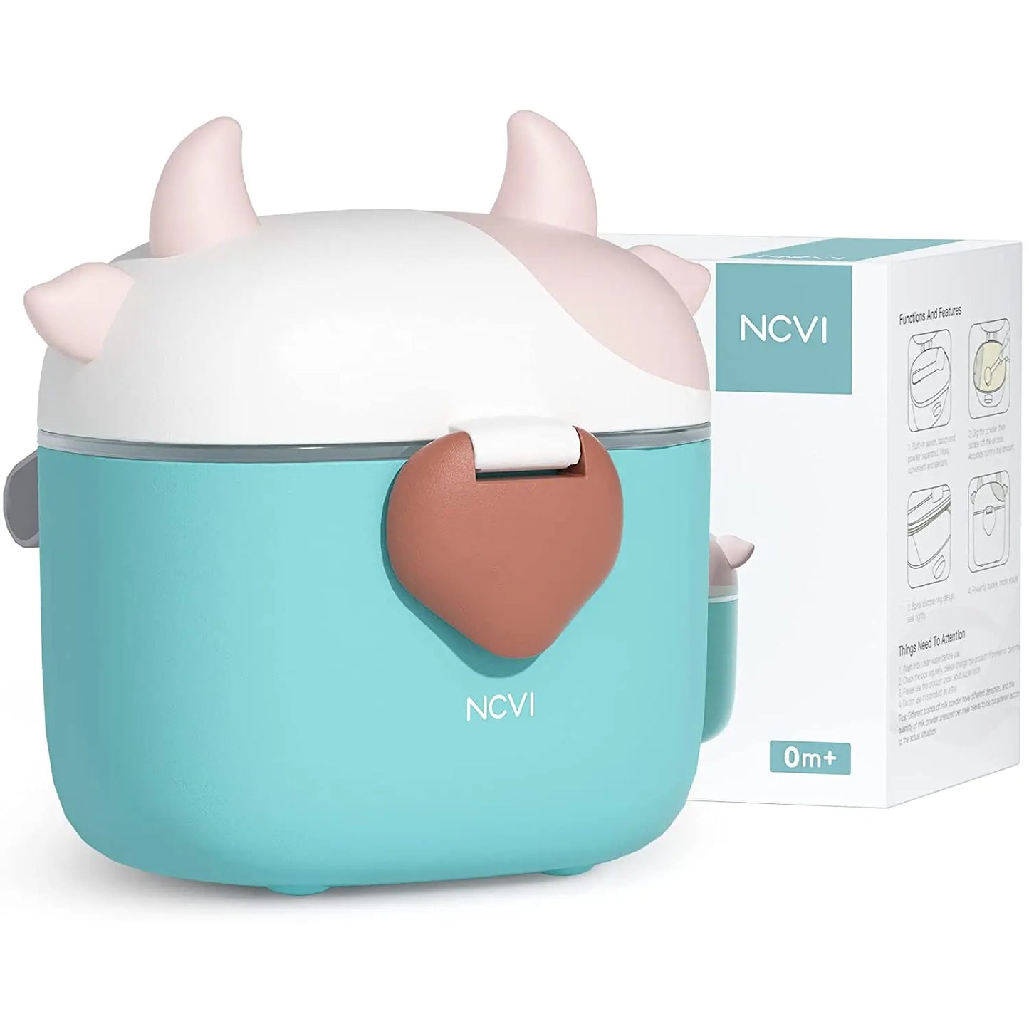 NCVI portable baby formula dispenser with scoop and leveller, cow‑shape, airtight seal – UK travel feeding solution - colour blue