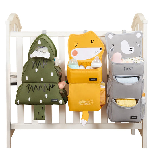 Sunveno cartoon crib hanging organiser in bear print with three compartments for diapers, wipes and toys – nursery storage UK - xmas tree, orange fox, grey bear
