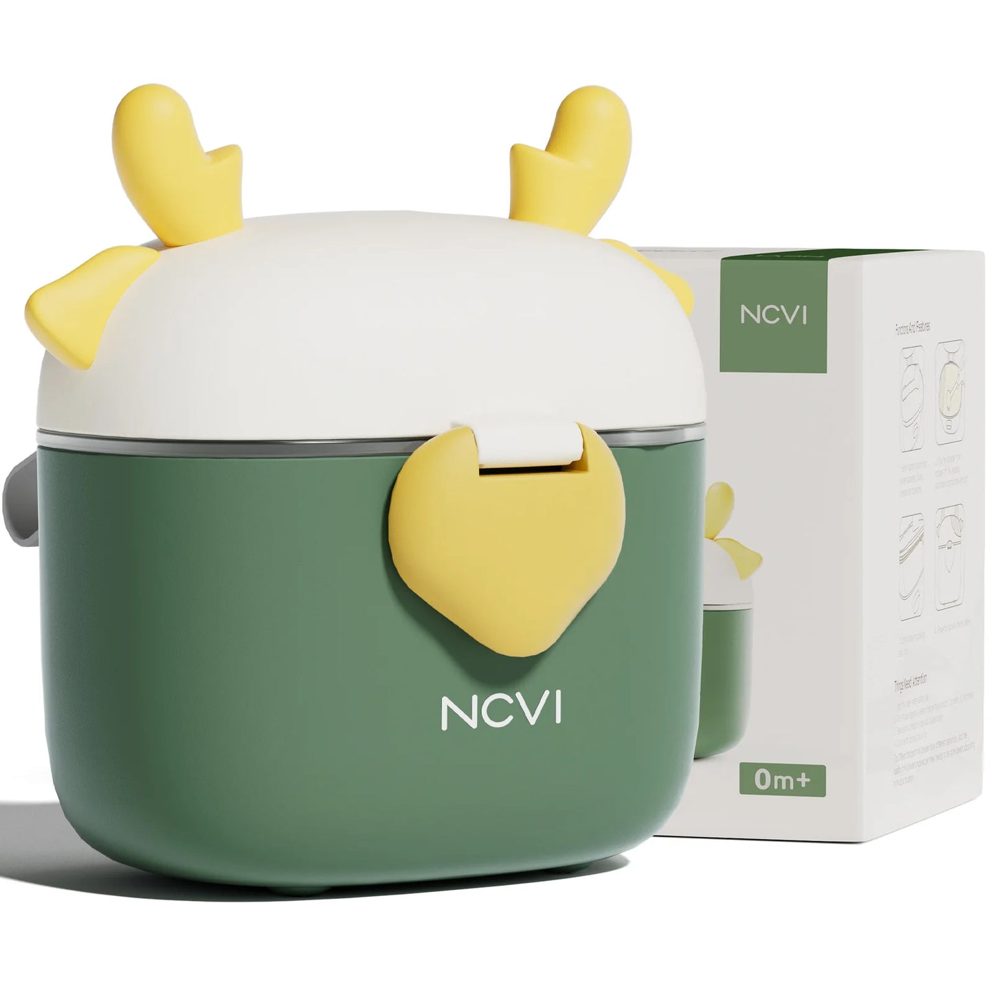 NCVI portable baby formula dispenser with scoop and leveller, cow‑shape, airtight seal – UK travel feeding solution - colour green