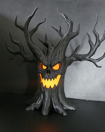 Halloween Black Skull Tree LED Decoration – Gothic Spooky Haunted House Ornament