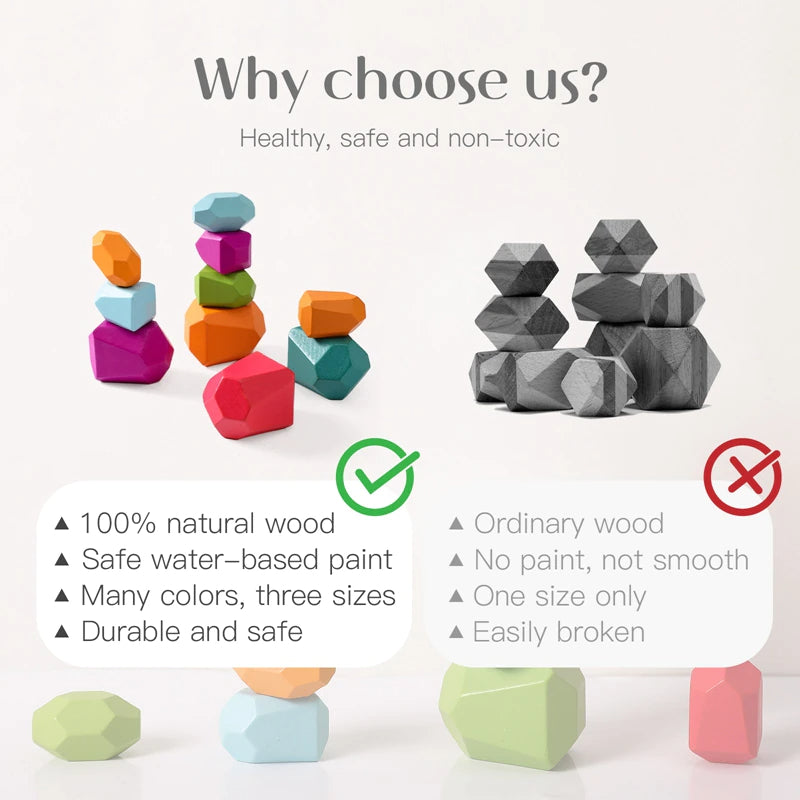 Wooden Rainbow Stones Building Blocks Colorful Educational Toy