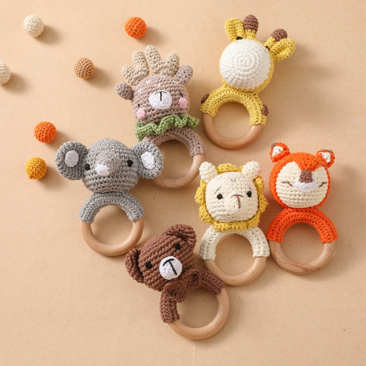 Crochet Animal, baby Toy Soother Bracelet Wooden Teether Ring Baby