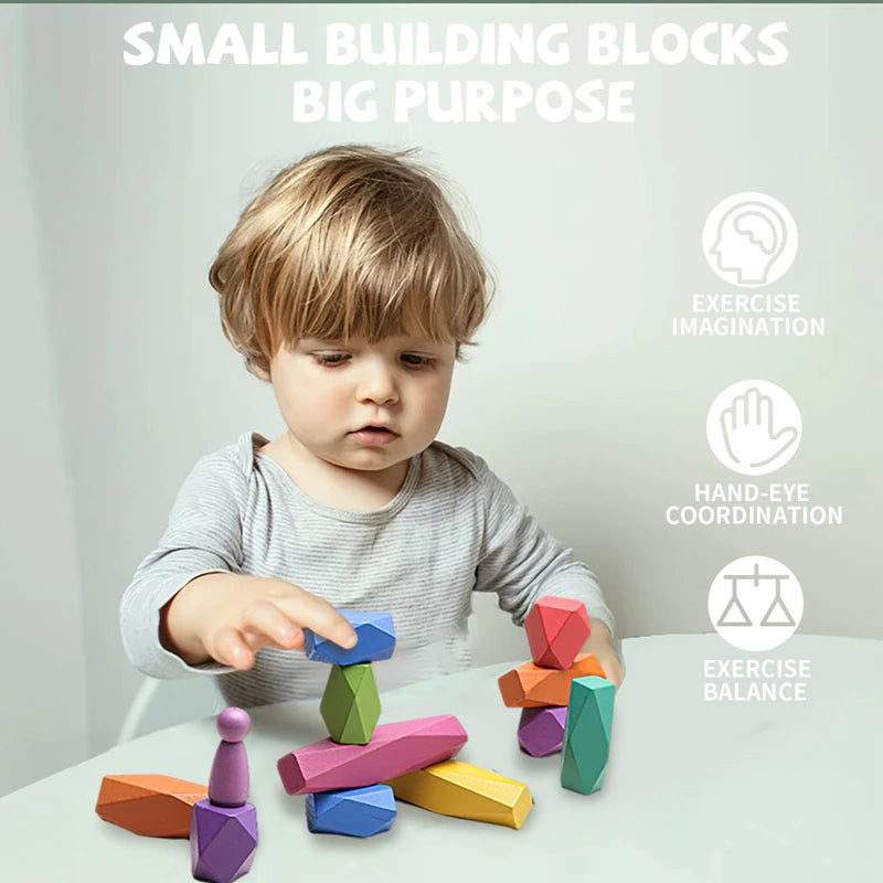 Wooden Rainbow Stones Building Blocks Colorful Educational Toy