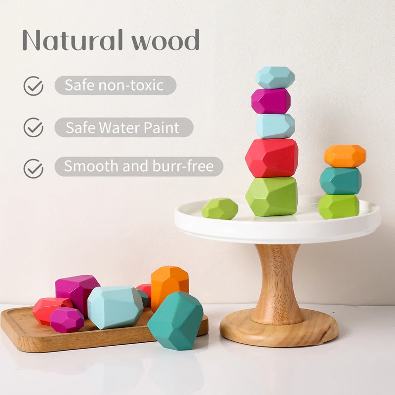 Wooden Rainbow Stones Building Blocks Colorful Educational Toy