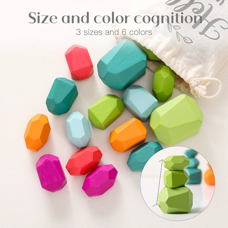 Wooden Rainbow Stones Building Blocks Colorful Educational Toy