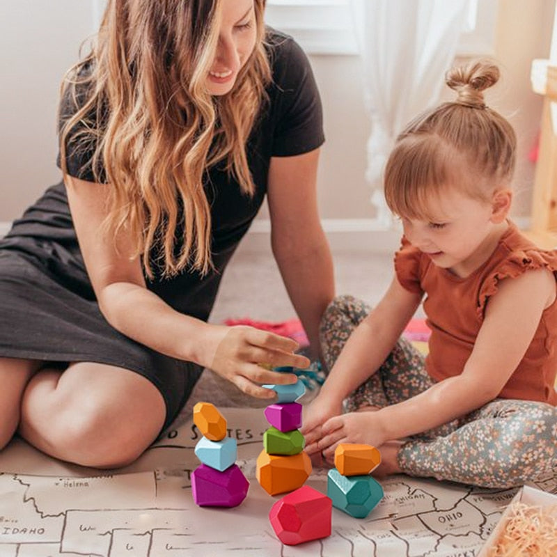 Wooden Rainbow Stones Building Blocks Colorful Educational Toy