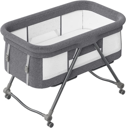 Portable Rocking Crib with Mattress & Silent Wheels