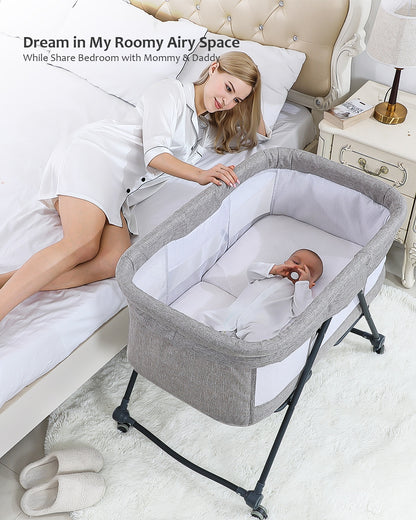 Portable Rocking Crib with Mattress & Silent Wheels