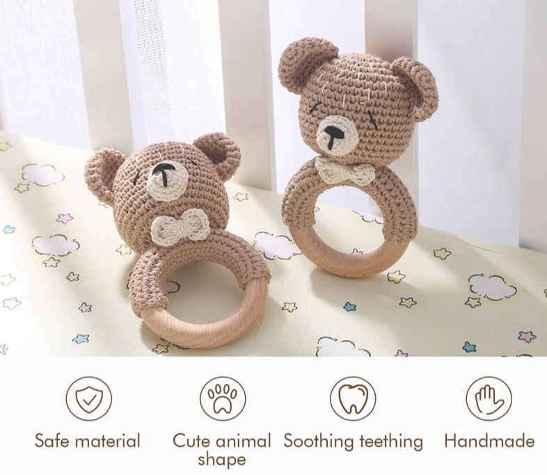 Crochet Animal, baby Toy Soother Bracelet Wooden Teether Ring Baby