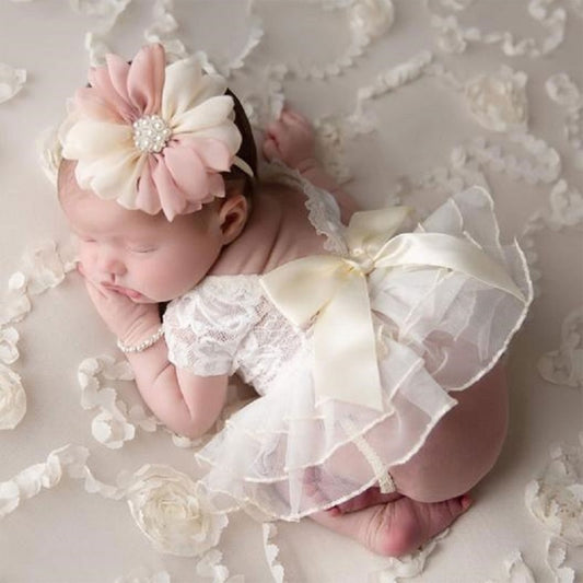 Baby Newborn photo props Lace Bowknot Skirt with Flower Headband