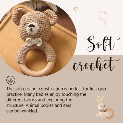 Crochet Animal, baby Toy Soother Bracelet Wooden Teether Ring Baby