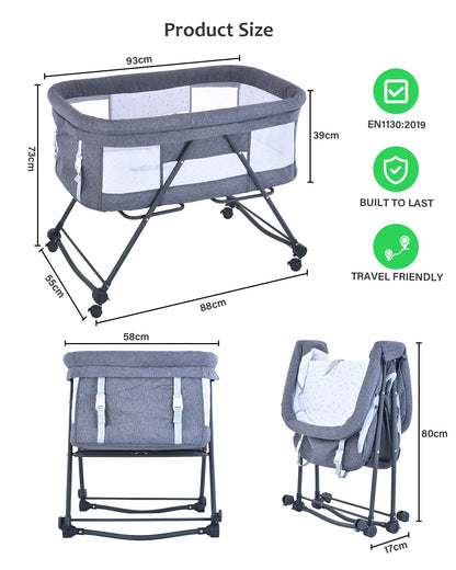 Portable Rocking Crib with Mattress & Silent Wheels