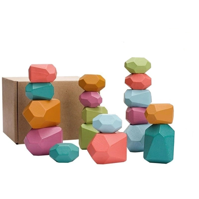 Wooden Rainbow Stones Building Blocks Colorful Educational Toy